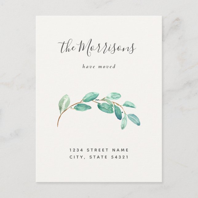 Cartão Postal Anúncio de mudança para nova casa com Eucalipto Si (Frente)