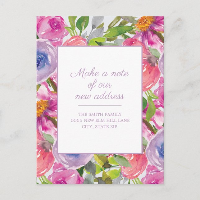 Cartão Postal Anúncio de Mudança Rosa Roxo Floral Aquarela (Frente)
