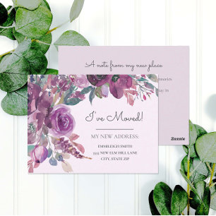 Cartão Postal Anúncio de Mudança Roxo Floral Aquarela 