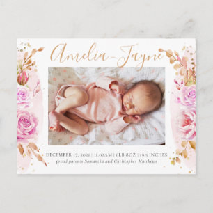 Cartão Postal Anúncio de Nascimento da Bebê Foto Boho