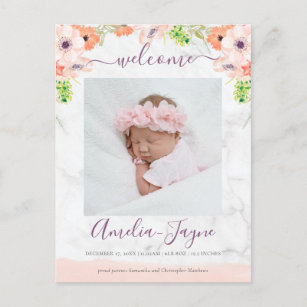 Cartão Postal Anúncio de Nascimento da Foto do Marble Girly Flor