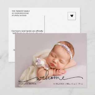 Cartão Postal Anúncio de Nascimento de Bebê com Foto Moderna em