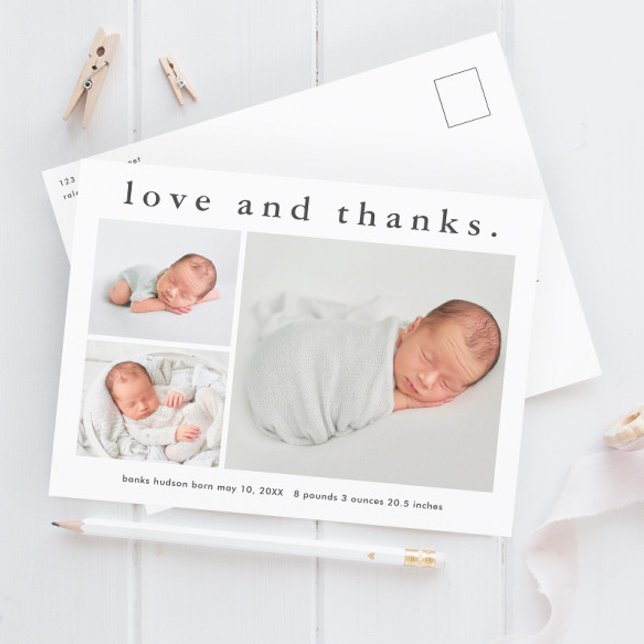 Cartão Postal Anúncio de Nascimento de Foto de Amor e Obrigados (Simple love and thanks 3 photo baby announcement thank you postcard.)