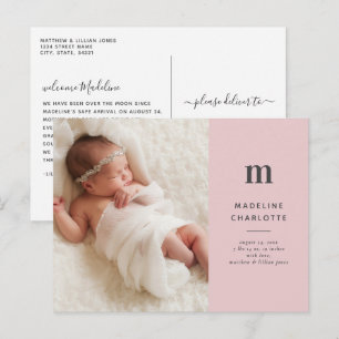 Cartão Postal Anúncio de Nascimento de Menina Minimalista Rosa