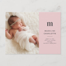 Cartão Postal Anúncio de Nascimento de Menina Minimalista Rosa