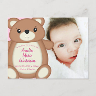 Cartão Postal Anúncio de Nascimento do Bebê do Urso Rosa-Rosa