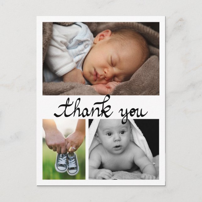 Cartão Postal Anúncio de nascimento Obrigado Fotos Modernas Três (Frente)