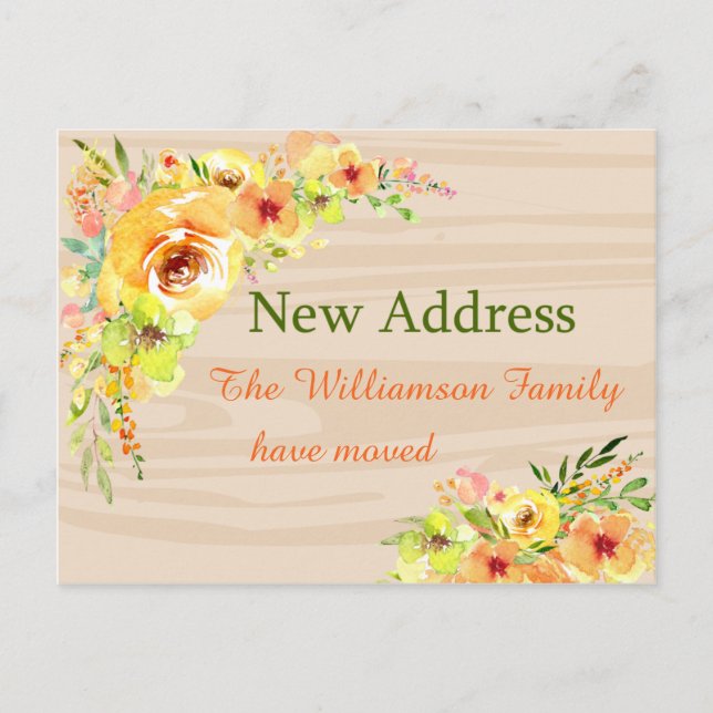 Cartão Postal Anúncio de Novo Endereço das Flores Amarelas (Frente)