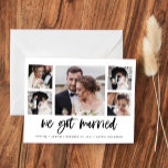 Cartão Postal Anúncio do Casamento Multifotógrafo de Script Casu<br><div class="desc">Este cartão postal de anúncio de casamento simples,  preto e branco apresenta uma tipografia moderna,  casual,  que diz "casámo-nos",  com uma multigrelha fotográfica de cinco fotografias. Uma forma na moda para que amigos e familiares saibam sobre seu elopeio,  microcasamento ou casamento pequeno.</div>