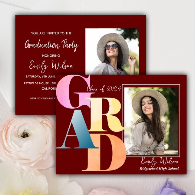Cartão Postal Anúncio do FORMANDO Vermelho de Duas Fotografias 2 (Elegant 2024 GRAD 2 Photo Graduate Announcement Postcard)