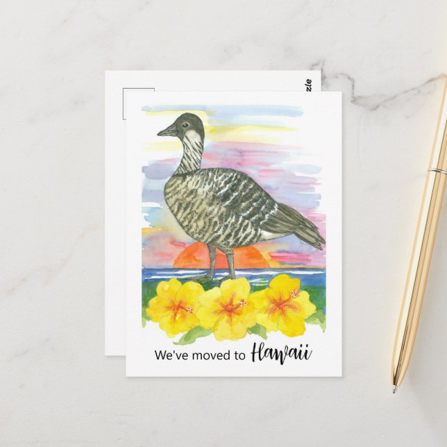 Cartão Postal Anúncio em movimento Hawaii Nene Goose Hibiscus (Frente/Verso In Situ)