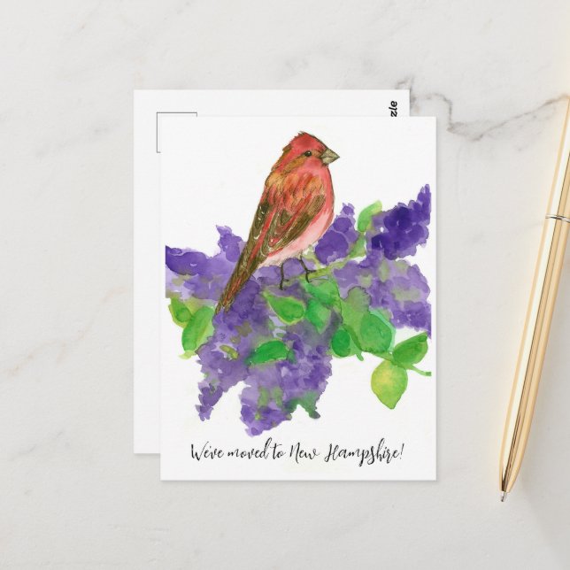 Cartão Postal Anúncio em movimento New Hampshire Finch Lilac (Frente/Verso In Situ)