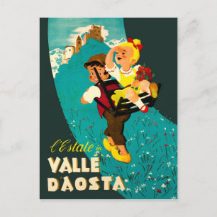 Cartão Postal Aosta Valley, rapaz e menina caminhando na montanh