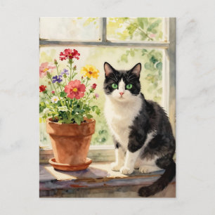 Cartão Postal Apenas Dizendo Oi Gato e Tema Floral
