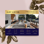 Cartão Postal Apenas Marinho listado e Marketing Dourado do imóv<br><div class="desc">Cartão postal do marketing Marinho Azul e Dourado Simplesmente Listado Imobiliário com espaço para o seu logotipo, fotografia de propriedade e detalhes de propriedade com ícones. Este marinho personalizável e a propriedade dourada falso Para o cartão-postal promocional de venda apresenta um design profissional com espaço para o seu texto personalizado...</div>