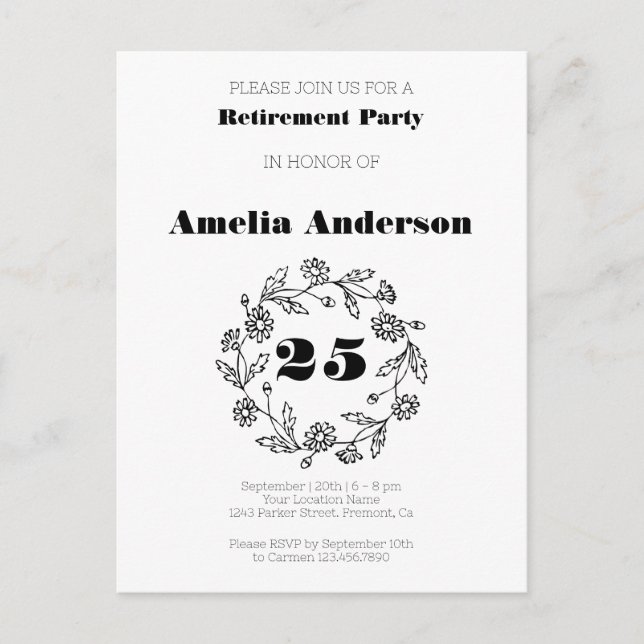 Cartão Postal Aposentação de rabo preto de flores modernas (Frente)