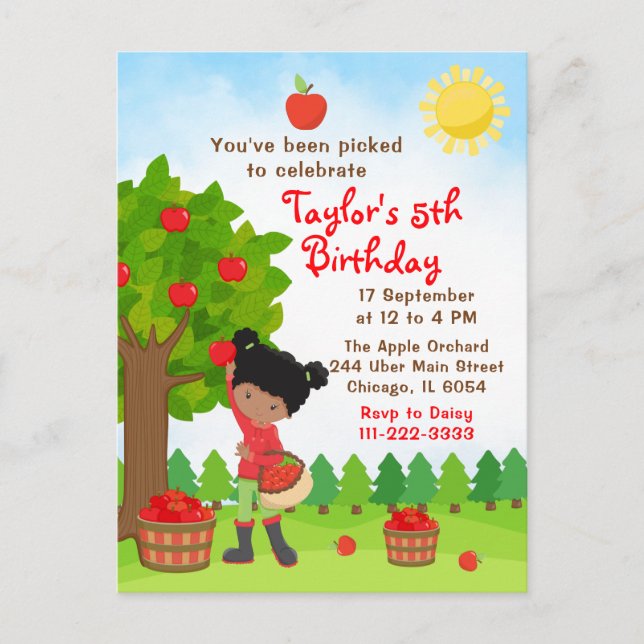 Cartão Postal Apple Picting Birthday African American Girl Postc (Frente)