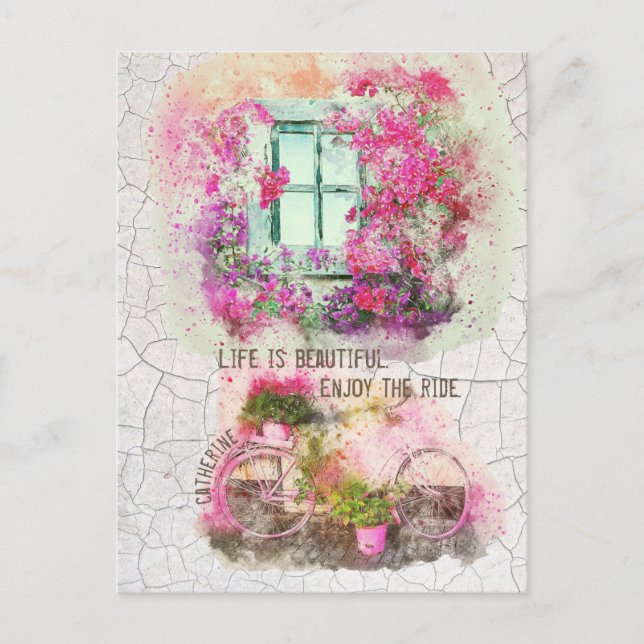 Cartão Postal Aproveite o passeio | Bicicleta De Aquarela Com Fl (Frente)