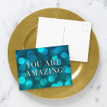 Cartão Postal Aqua Blue Bokeh Luz Faux Prata Você É Incrível<br><div class="desc">Cartão postal motivacional chic com as palavras "Você é Incrível" em folha de prata falsa contra um padrão de luz azul aqua. Para adicionar texto ao cartão, clique no botão "Personalizar". *Observe que a Marca d'água do Zazzle que aparece na visualização de zoom NÃO aparecerá no produto impresso final. ©...</div>