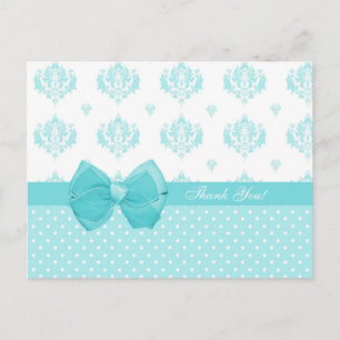 Cartão Postal Aqua Damask Com Bolinhas Obrigado