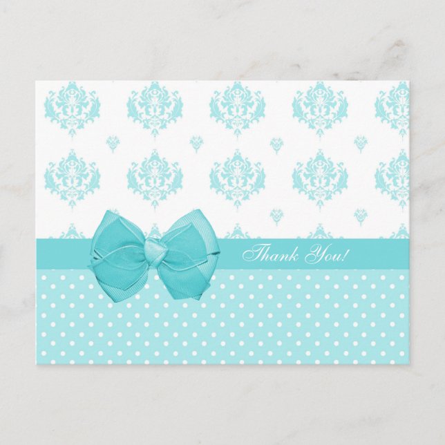 Cartão Postal Aqua Damask Com Bolinhas Obrigado (Frente)