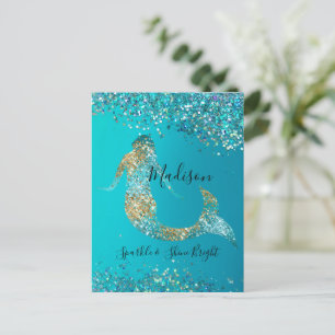 Cartão Postal Aqua Dourada Glitter Sparkle Mermaid