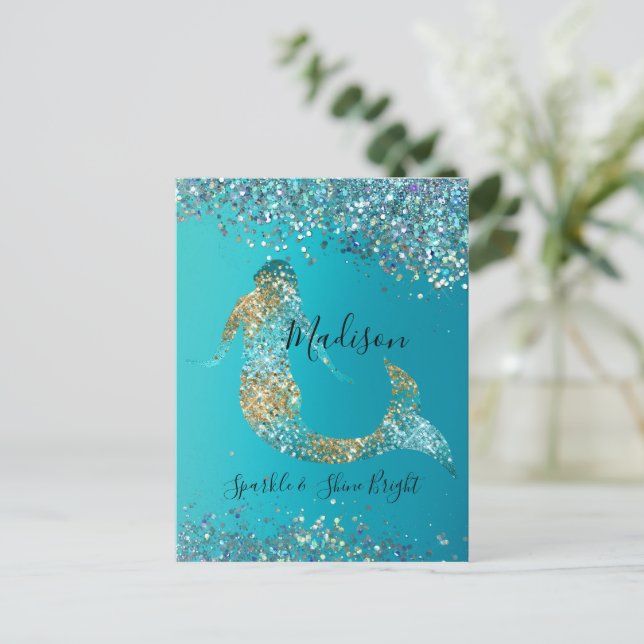 Cartão Postal Aqua Dourada Glitter Sparkle Mermaid (Em pé/Frente)