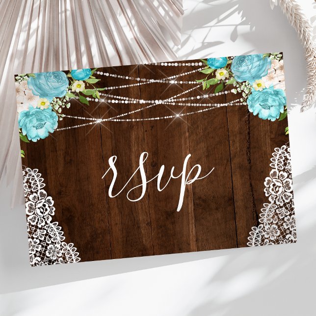 Cartão Postal Aqua Floral Rustic Wood String Luzes Casadas RSVP (Criador carregado)