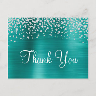 Cartão Postal Aqua Teal Ombre Foil Diamond Confetti Obrigado