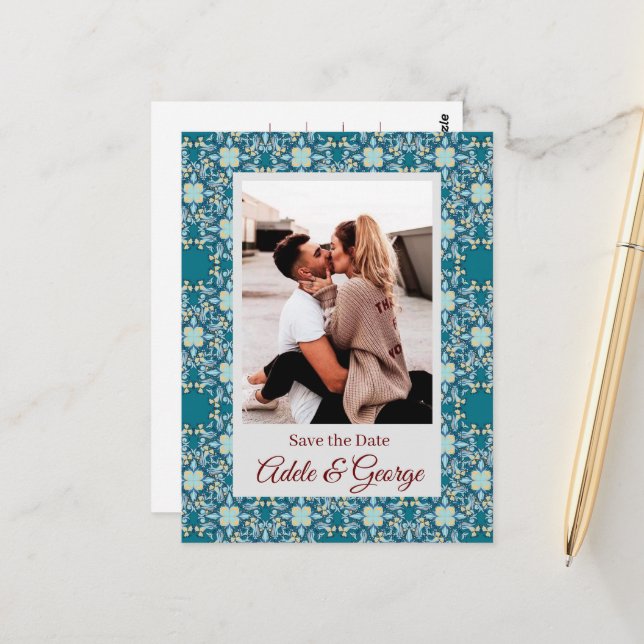 Cartão Postal Aquamarine PHOTO Weding Date Postcard (Frente/Verso In Situ)