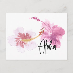Cartão Postal Aquarela à Mão Hibisco Havaiano Floral Rosa