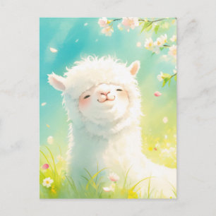 Cartão Postal Aquarela Alpaca Branca e Flor de Cerejeira Rosa