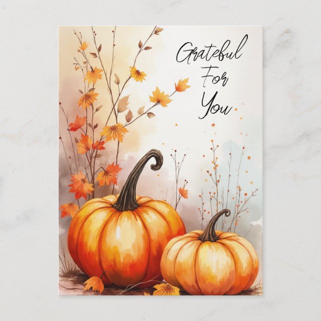 Cartão Postal Aquarela Autumn Pumpkins Grateful (Frente)