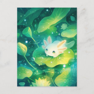Cartão Postal Aquarela Axolote Branco em Lagoa de Folhas de Líri