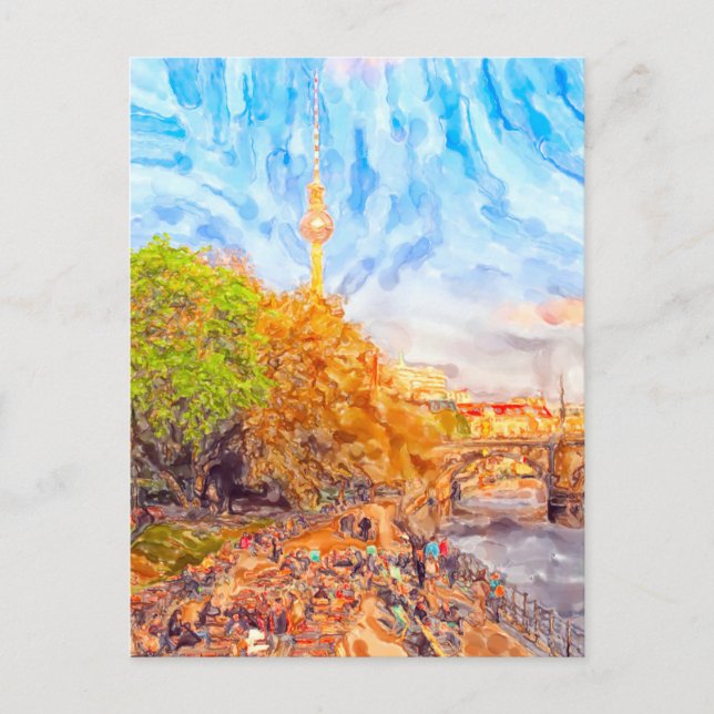 Cartão Postal Aquarela Berlim. Ambiente noturno no Monbijoupark (Frente)