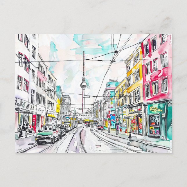 Cartão Postal Aquarela Berlim Mitte e Torre de TV (Frente)