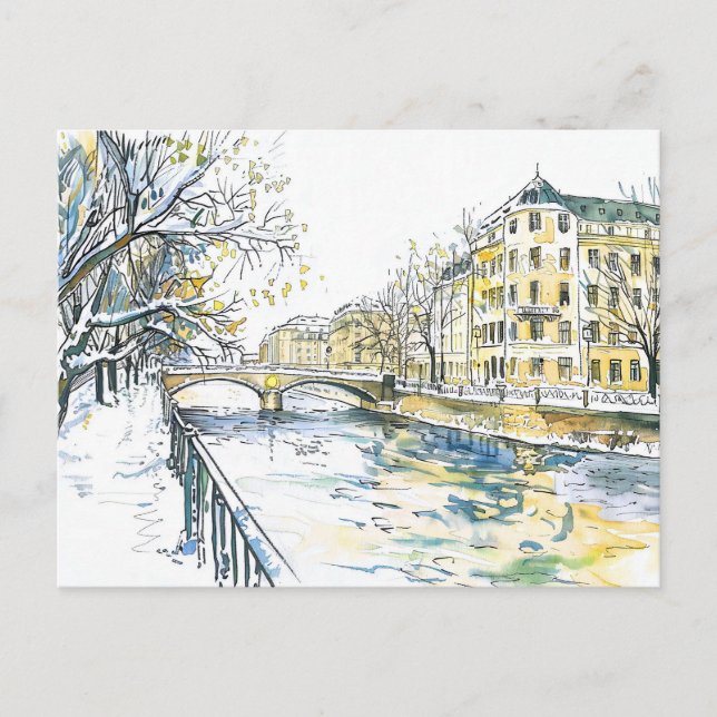 Cartão Postal Aquarela Berlim Spandau Inverno Havel (Frente)