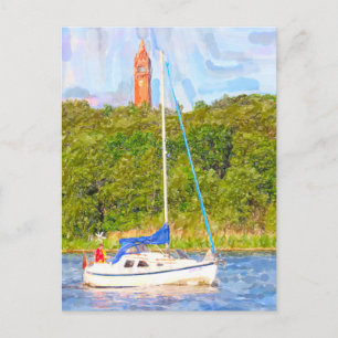 Cartão Postal Aquarela Berlim. Torre Grunewald e barco Havel