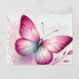 Cartão Postal Aquarela Botânica de Borboleta Rosa