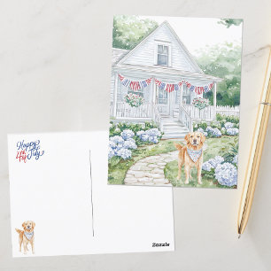 Cartão Postal Aquarela Casa de Campo Americana Feliz 4 de Julho