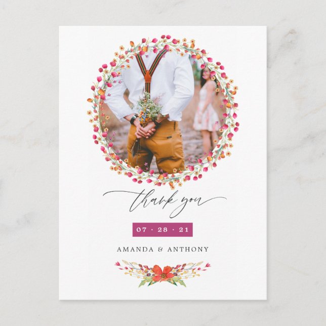 Cartão Postal Aquarela Casamento de Flores Silvestres Foto Obrig (Frente)