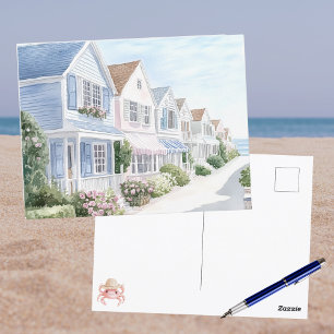 Cartão Postal Aquarela Casas de Verão Pastel na Costa