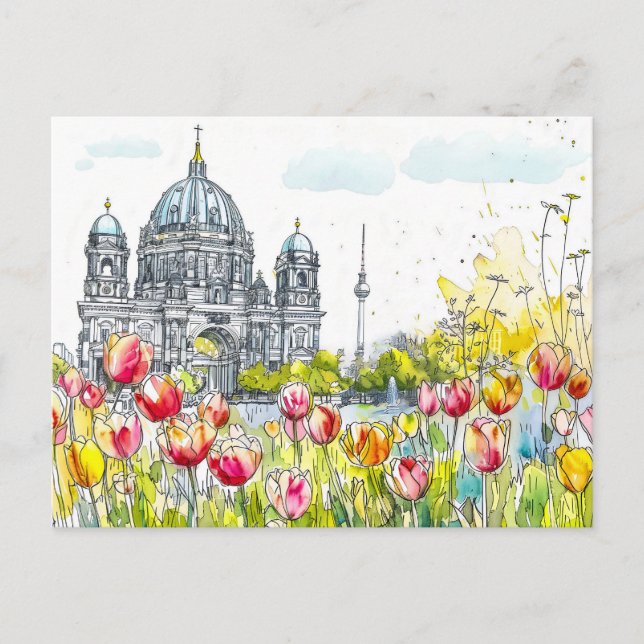 Cartão Postal Aquarela Catedral de Berlim Mitte Primavera Beschr (Frente)