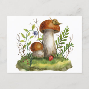Cartão Postal Aquarela Cogumelos e Frutas Silvestres da Floresta