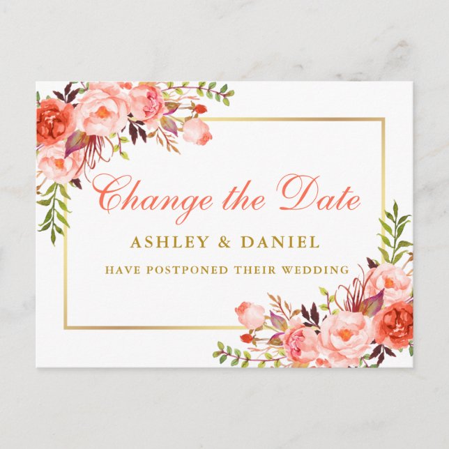 Cartão Postal Aquarela Coral Floral Dourada Altera Data (Frente)