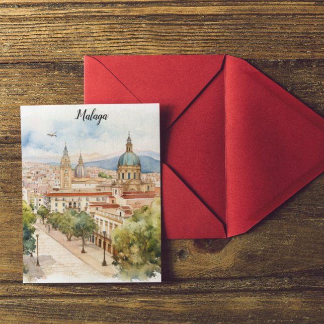 Cartão Postal Aquarela da arquitetura de Espanha de Málaga (Malaga Andalusia Spain Postcard)