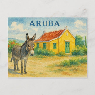 Cartão Postal Aquarela da Casa Cunucu e do Burro de Aruba