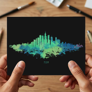 Cartão Postal Aquarela da Silhueta de Chicago Azul Verde Arte Ur