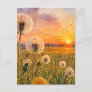 Cartão Postal Aquarela Dandelions no pôr do sol Meadow Paisagem 