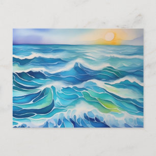 Cartão Postal Aquarela das ondas do mar sob o sol